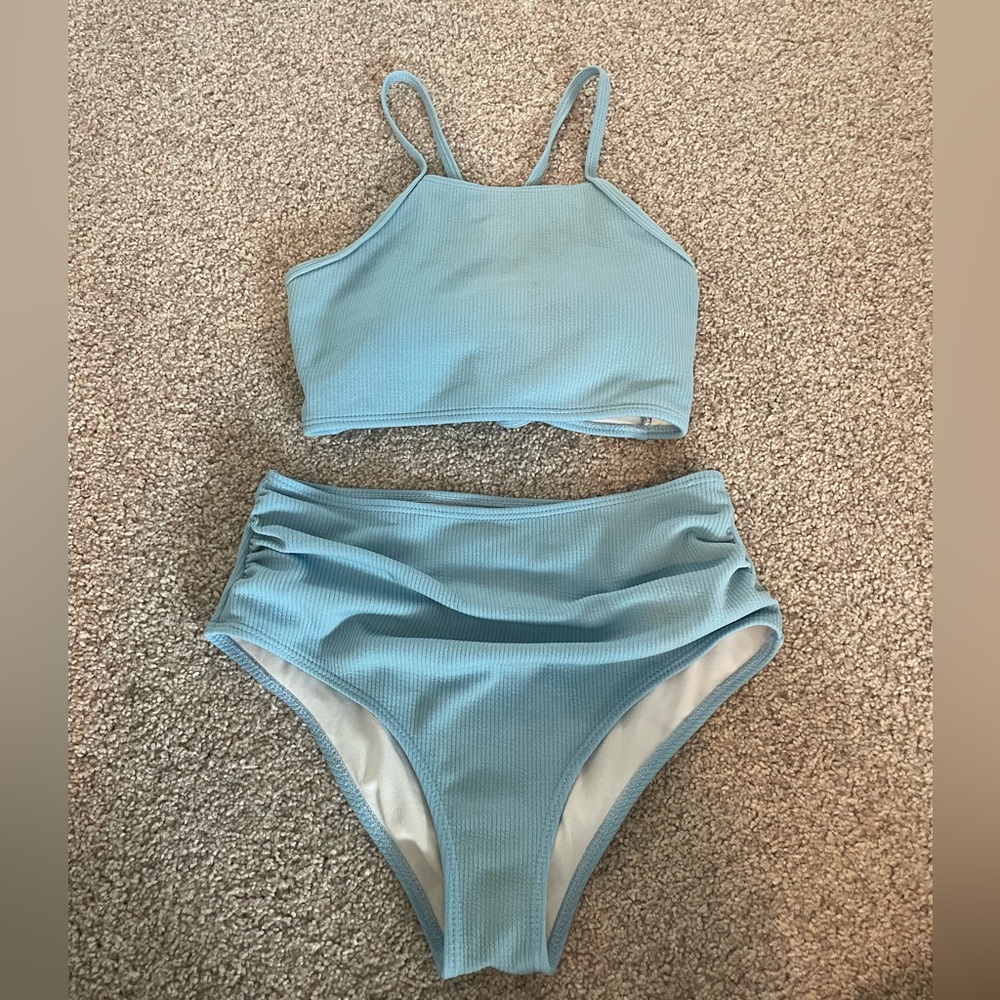 modest baby blue bikini
